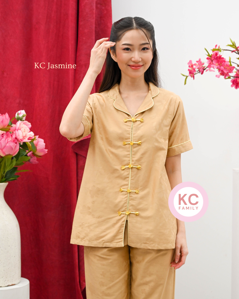 KC Jasmine in Gold Fiori Baju Tidur Wanita Piyama Imlek Lengan Pendek Celana Panjang