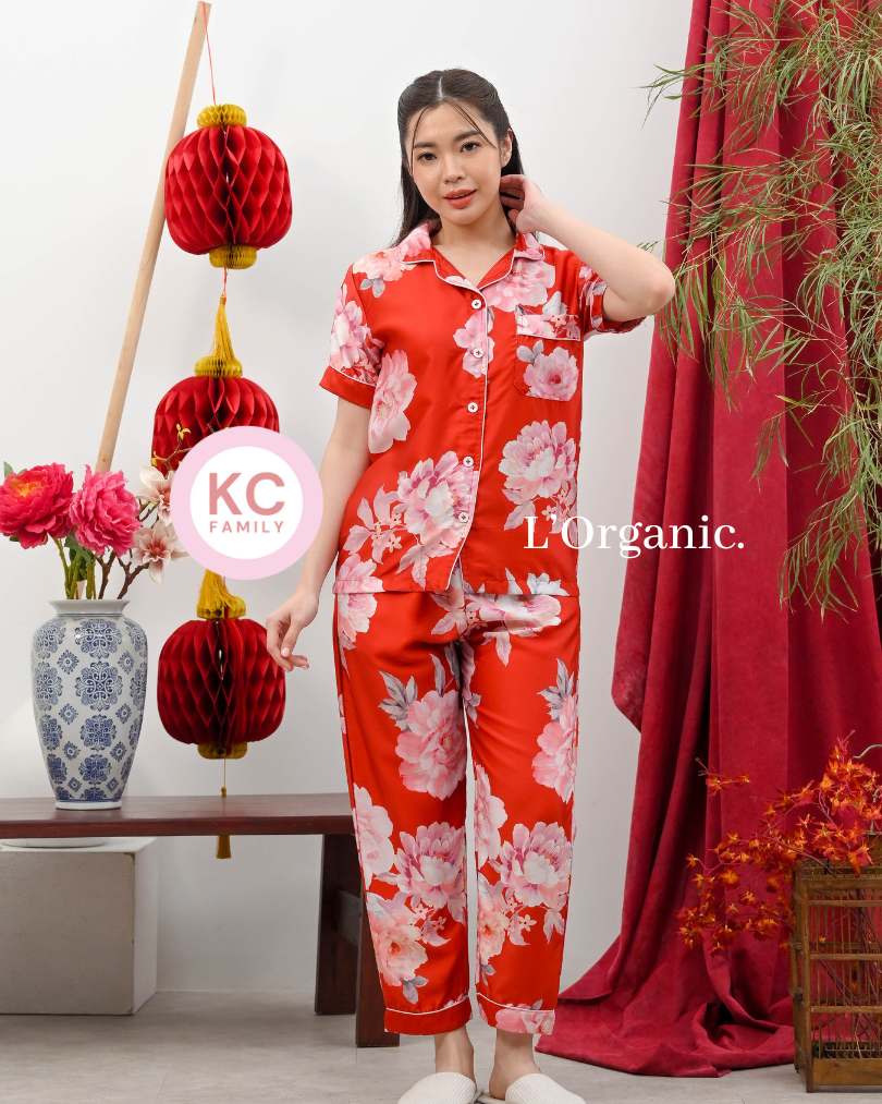 KC Classic Pajama in Pretty Peony Baju Tidur Wanita Piyama Celana Panjang Lengan Pendek Organic