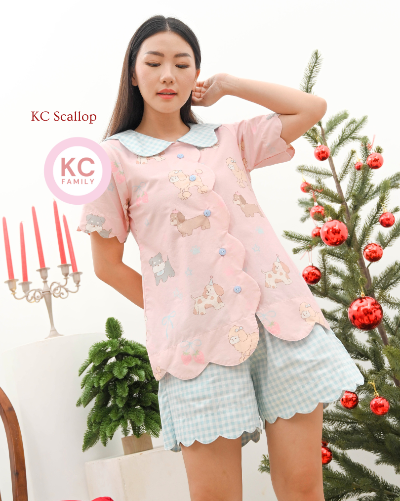 KC Scallop in Gingham Woof Piyama Wanita Baju Tidur Wanita Lengan Pendek Celana Pendek
