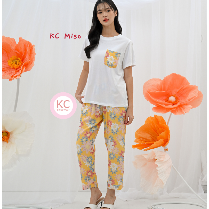 KC Miso in Painted Yellow Flower Piyama Wanita / Baju Tidur Lengan Pendek Celana Panjang