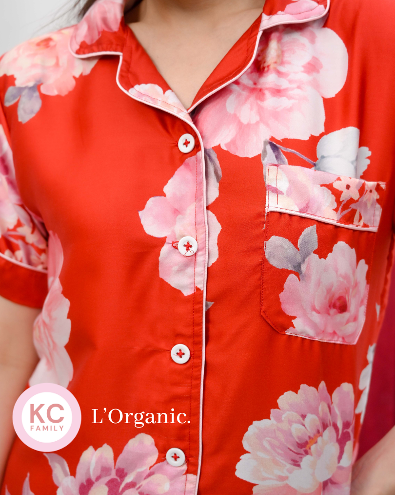 KC Classic Pajama in Pretty Peony Baju Tidur Wanita Piyama Celana Panjang Lengan Pendek Organic