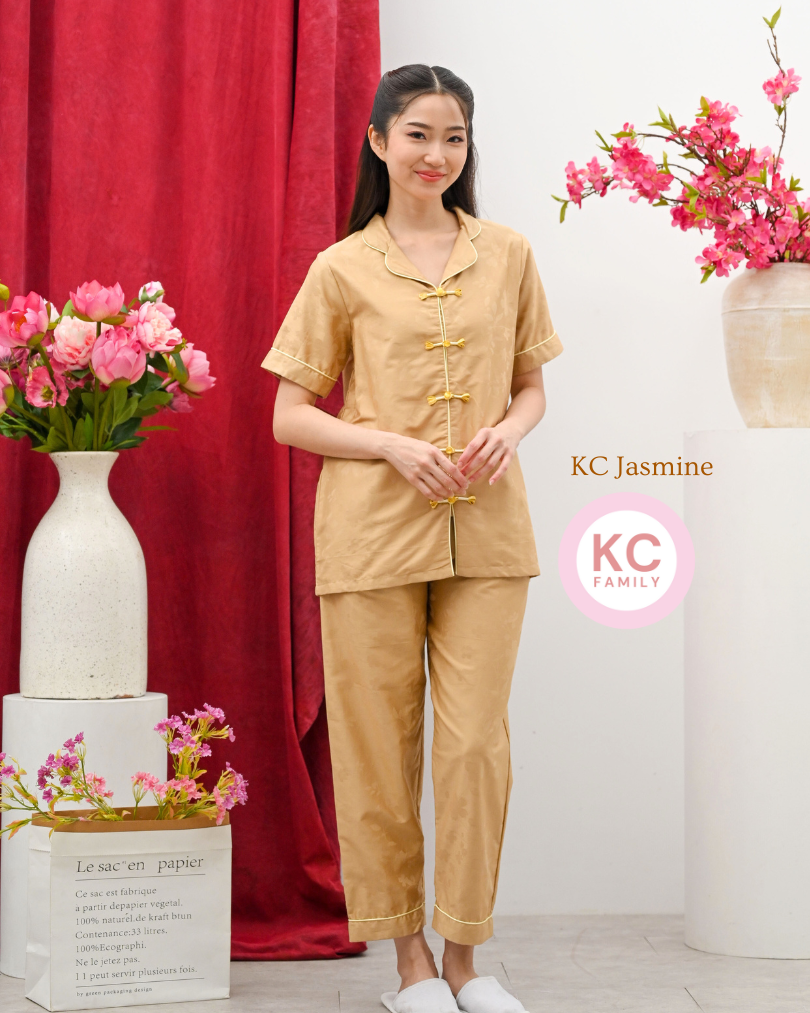 KC Jasmine in Gold Fiori Baju Tidur Wanita Piyama Imlek Lengan Pendek Celana Panjang