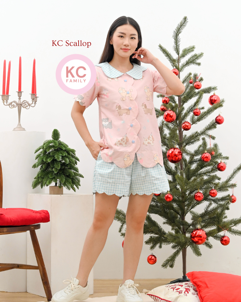 KC Scallop in Gingham Woof Piyama Wanita Baju Tidur Wanita Lengan Pendek Celana Pendek