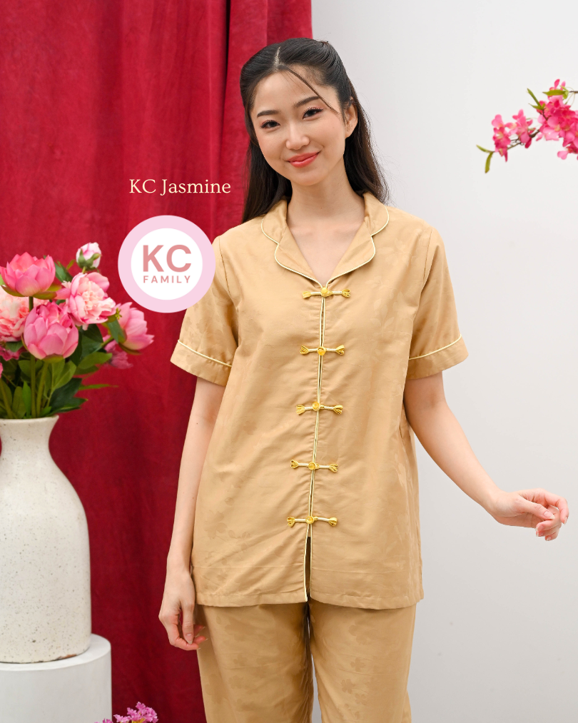 KC Jasmine in Gold Fiori Baju Tidur Wanita Piyama Imlek Lengan Pendek Celana Panjang