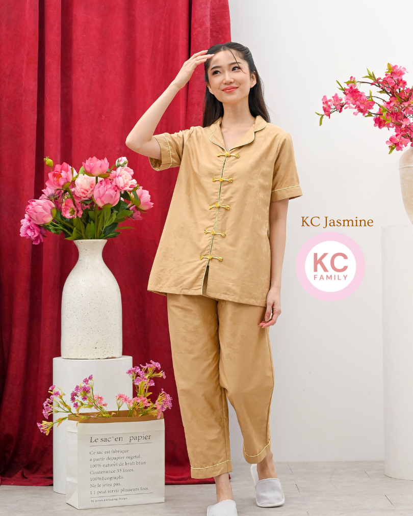 KC Jasmine in Gold Fiori Baju Tidur Wanita Piyama Imlek Lengan Pendek Celana Panjang