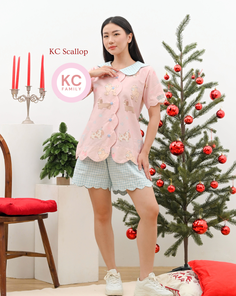 KC Scallop in Gingham Woof Piyama Wanita Baju Tidur Wanita Lengan Pendek Celana Pendek
