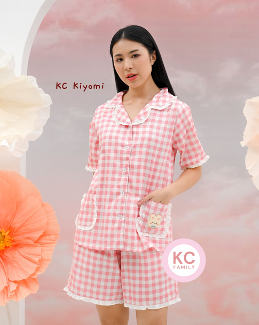 KC Kiyomi in Gingham Bunny Piyama Wanita Baju Tidur Lengan Pendek Celana Pendek