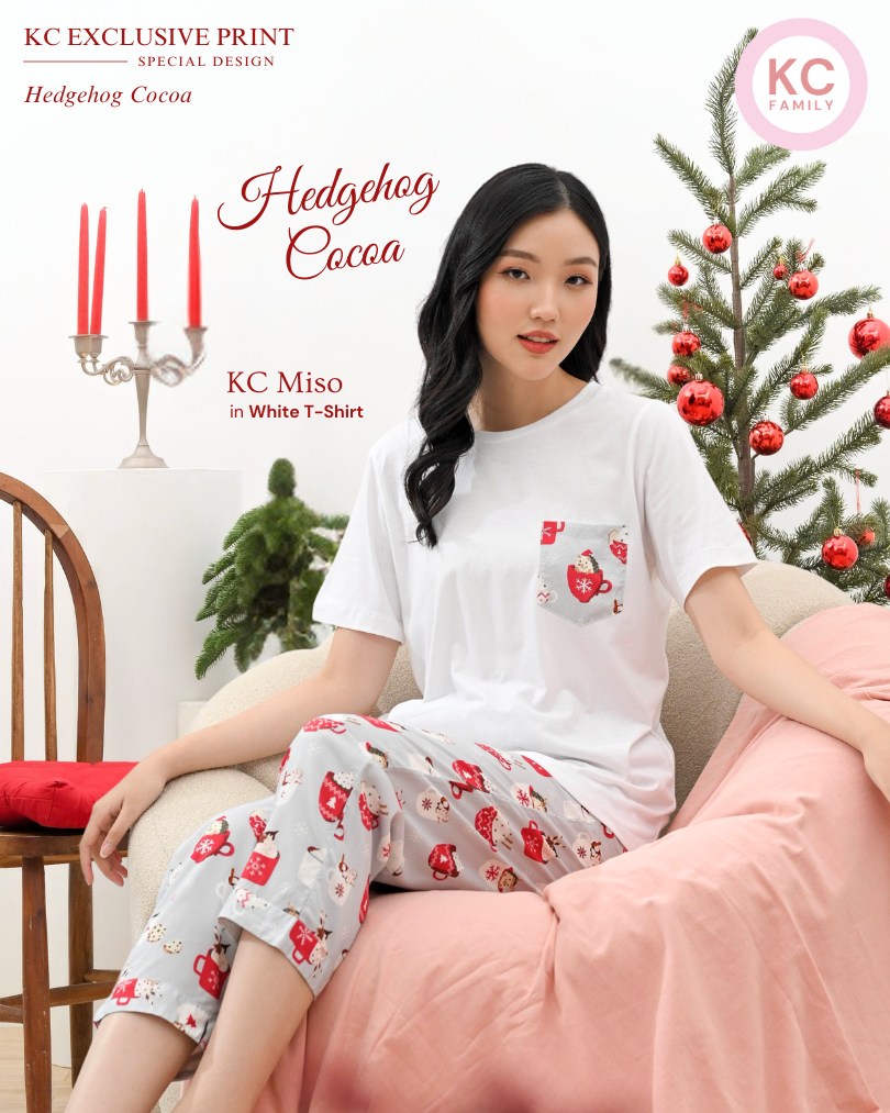 KC Miso White in Hedgehog Cocoa Baju Tidur Wanita Atasan Kaos Lengan Pendek Celana Panjang