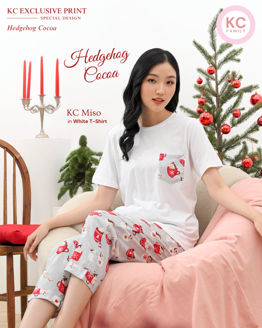 KC Miso White in Hedgehog Cocoa Baju Tidur Wanita Atasan Kaos Lengan Pendek Celana Panjang