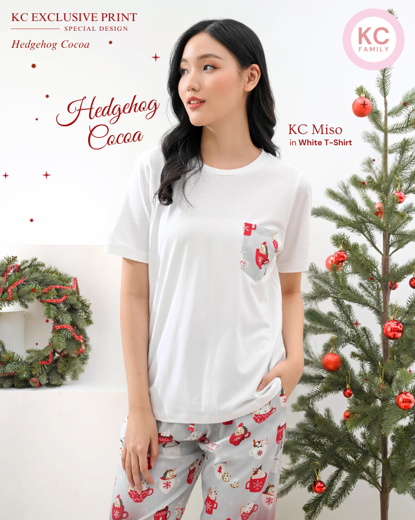 KC Miso White in Hedgehog Cocoa Baju Tidur Wanita Atasan Kaos Lengan Pendek Celana Panjang