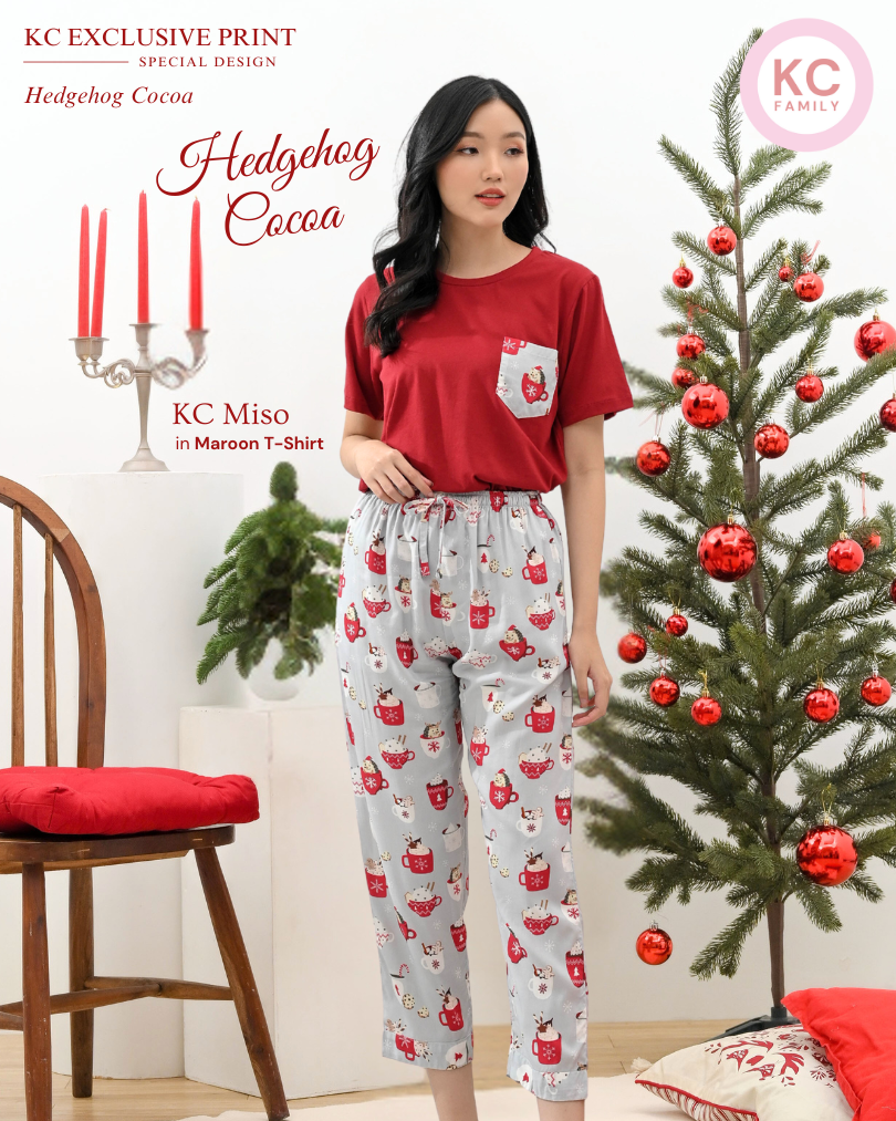 KC Miso Maroon in Hedgehog Cocoa Baju Tidur Wanita Atasan Kaos Lengan Pendek Celana Panjang