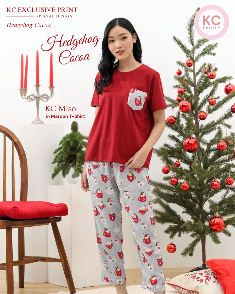 KC Miso Maroon in Hedgehog Cocoa Baju Tidur Wanita Atasan Kaos Lengan Pendek Celana Panjang