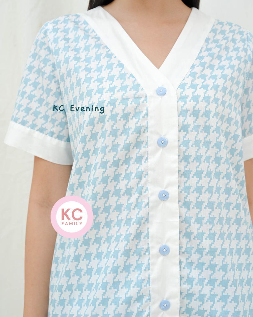 KC Evening Light Blue Piyama Wanita  Baju Tidur Lengan Pendek Celana Panjang