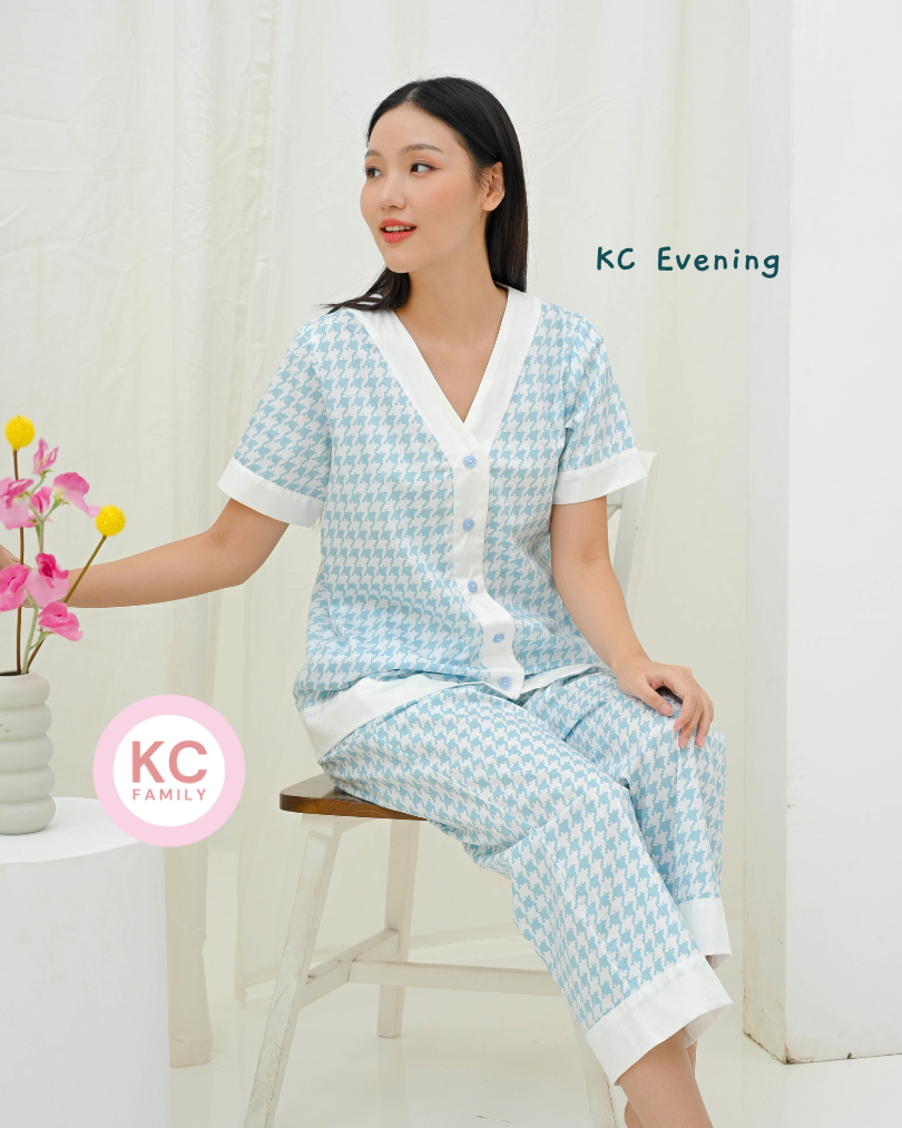 KC Evening Light Blue Piyama Wanita  Baju Tidur Lengan Pendek Celana Panjang