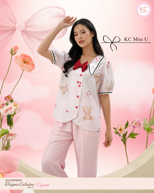 KC Miss U In Pink Cute Bear Baju Tidur Wanita Celana Panjang Lengan Pendek