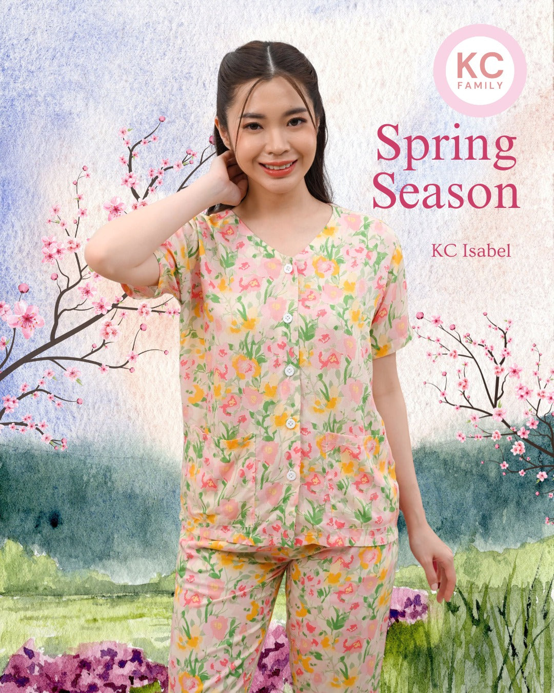 KC Isabel in Morning Bloom Piyama Baju Tidur Wanita Kerah V neck Celana 7/8