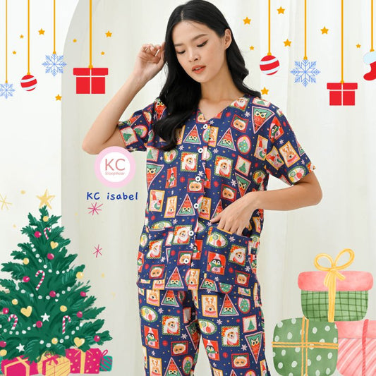 KC Isabel Navy Holiday Stams Piyama / Baju Tidur Wanita Kerah V neck Celana 7/8