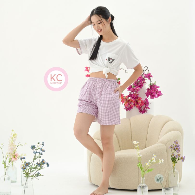 KC Miso CUte Kitty Baju Tidur Kaos dengan Celana panjang/Celana Pendek grid biru Piyama Kaos