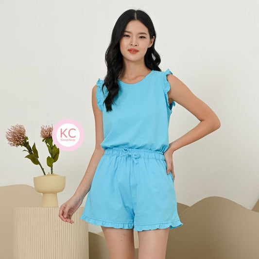 KC Nice In Turquoise Blue Baju Tidur Wanita Celana Pendek Lengan Pendek Bergelombang