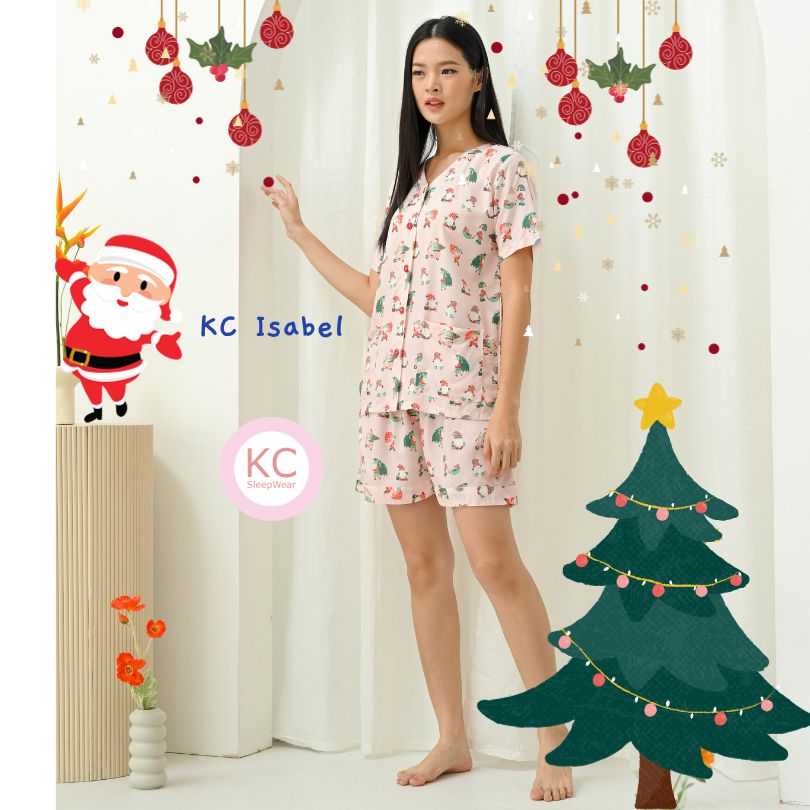 KC Isabel Pink Santa Elf Baju Tidur Wanita Kerah V-neck Lengan Pendek Celana Pendek