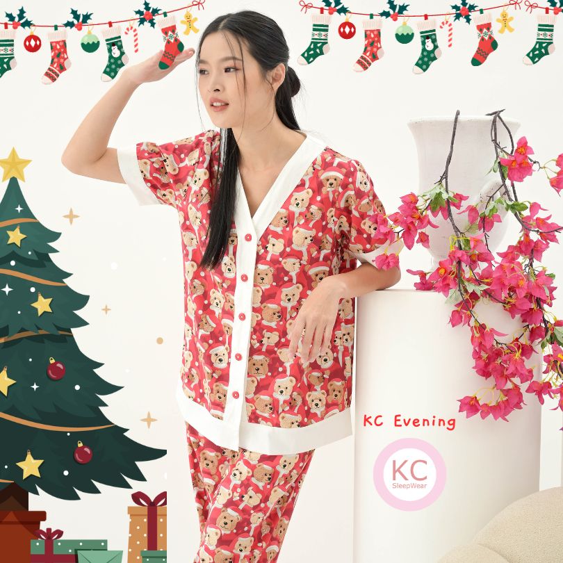 KC Evening Red Bear Santa Piyama Wanita Lengan Pendek Celana Panjang