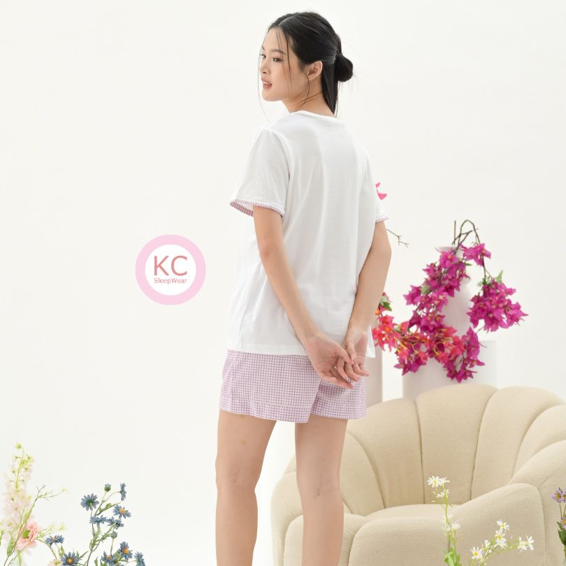 KC Miso CUte Kitty Baju Tidur Kaos dengan Celana panjang/Celana Pendek grid biru Piyama Kaos
