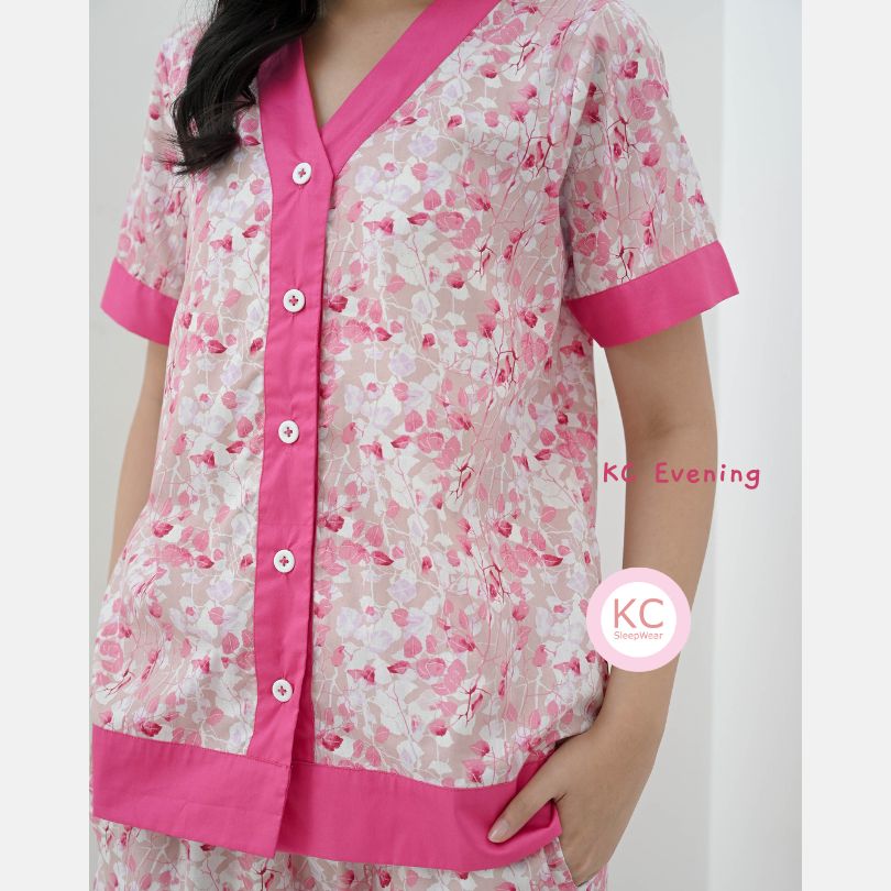 KC Evening Pink Flower Petals Piyama Wanita Baju Tidur Lengan Pendek Celana Panjang