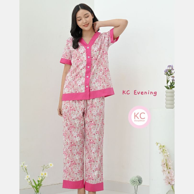 KC Evening Pink Flower Petals Piyama Wanita Baju Tidur Lengan Pendek Celana Panjang