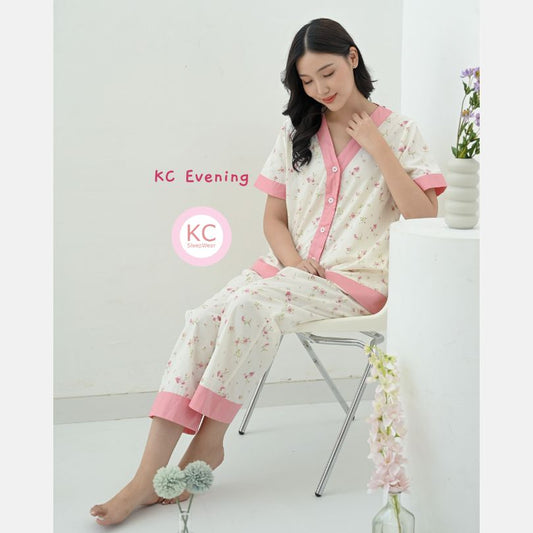 KC Evening Softly Pink Blossom Piyama Wanita Baju Tidur Lengan Pendek Celana Panjang