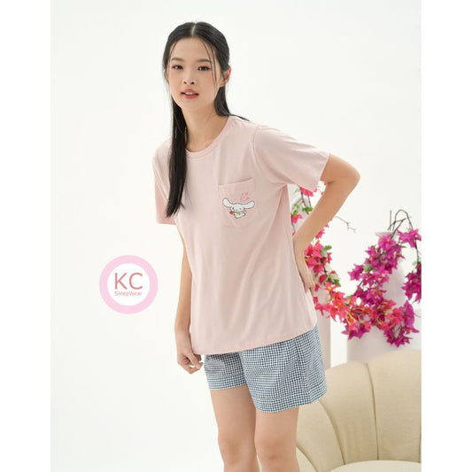KC Miso Cupid Puppy Baju Tidur Kaos dengan Celana panjang/Celana Pendek grid biru Piyama Kaos`