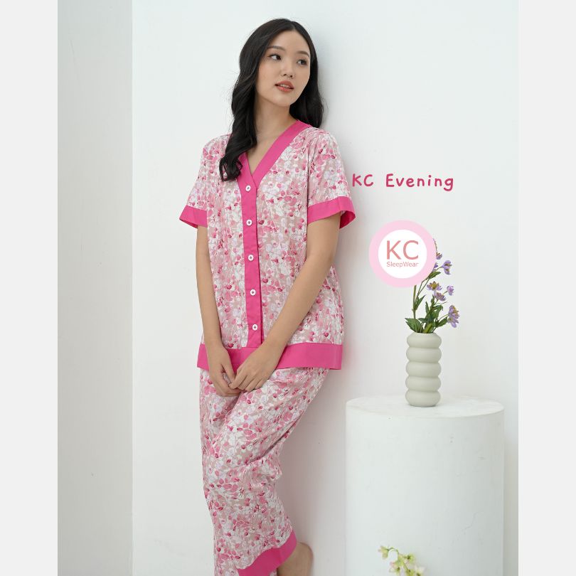 KC Evening Pink Flower Petals Piyama Wanita Baju Tidur Lengan Pendek Celana Panjang