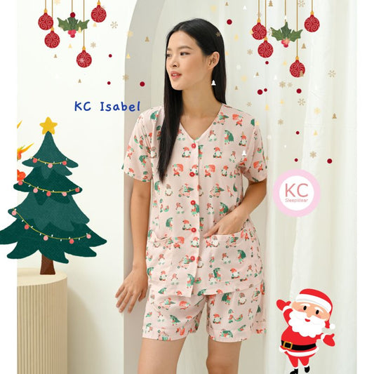 KC Isabel Pink Santa Elf Baju Tidur Wanita Kerah V-neck Lengan Pendek Celana Pendek