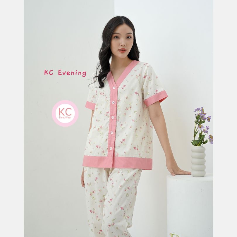 KC Evening Softly Pink Blossom Piyama Wanita Baju Tidur Lengan Pendek Celana Panjang