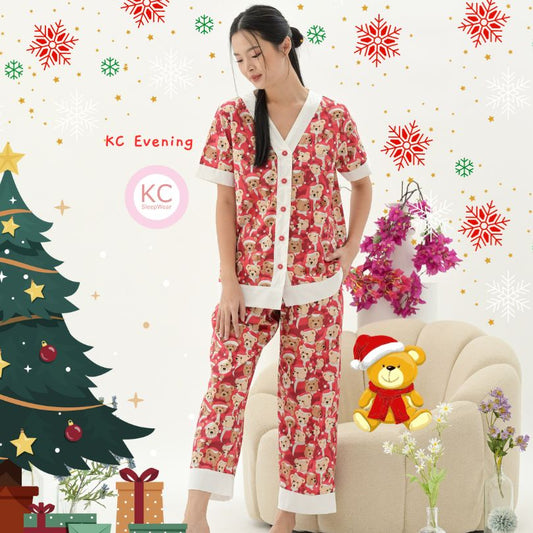 KC Evening Red Bear Santa Piyama Wanita Lengan Pendek Celana Panjang