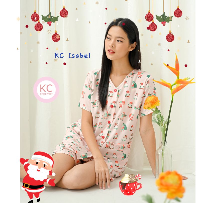 KC Isabel Pink Santa Elf Baju Tidur Wanita Kerah V-neck Lengan Pendek Celana Pendek