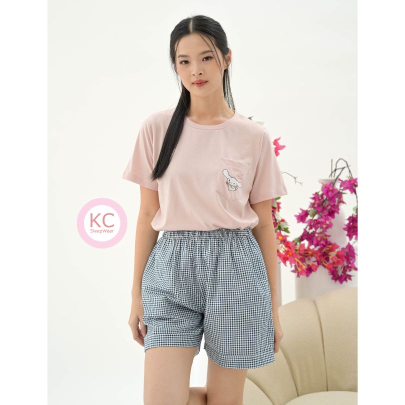 KC Miso Cupid Puppy Baju Tidur Kaos dengan Celana panjang/Celana Pendek grid biru Piyama Kaos`