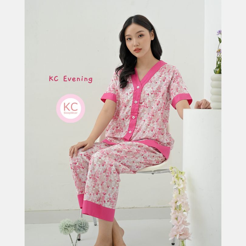 KC Evening Pink Flower Petals Piyama Wanita Baju Tidur Lengan Pendek Celana Panjang