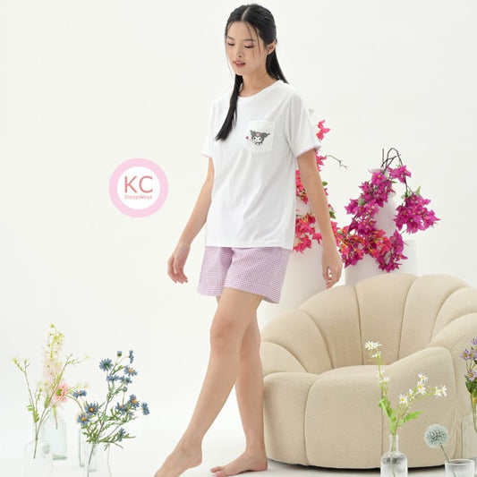 KC Miso CUte Kitty Baju Tidur Kaos dengan Celana panjang/Celana Pendek grid biru Piyama Kaos